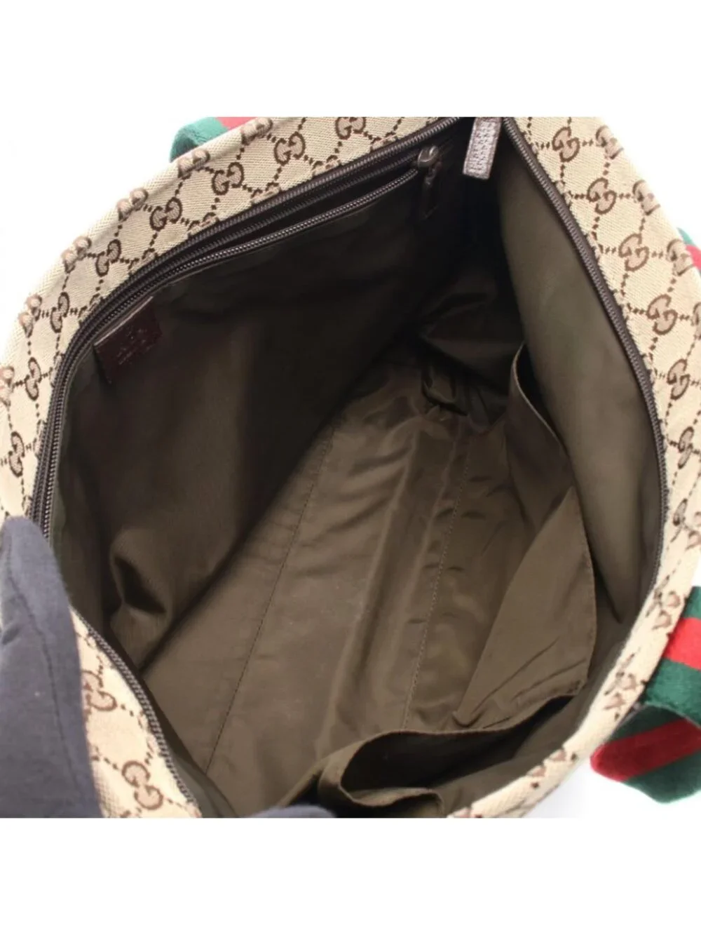 Gucci Tote Bag Webbing Line Beige Brown Green Canvas Leather Sherry